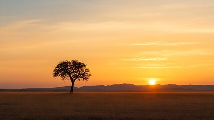 Aufkleber - Solitary tree silhouetted against a vibrant sunrise over a vast, golden savanna, with distant mountains on the horizon, creating a serene and peaceful landscape. : Generative AI