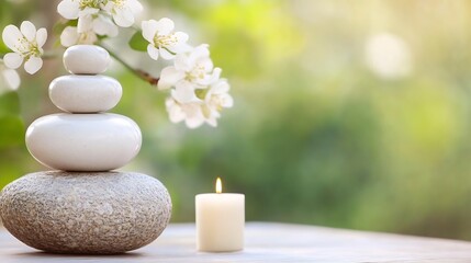 Leinwandbilder - Serene spa scene: three white stones stacked on a grey rock, a lit candle nearby, and delicate white blossoms softly blurred in the background. : Generative AI
