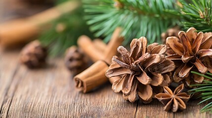 Poster - Close-up of pine cones, cinnamon sticks, and star anise on rustic wooden surface, evoking a warm and cozy winter atmosphere. : Generative AI