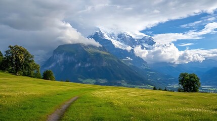 Poster - Scenic Swiss Alps landscape: a winding path leads through a vibrant green meadow towards majestic snow-capped mountains under a partly cloudy sky. : Generative AI