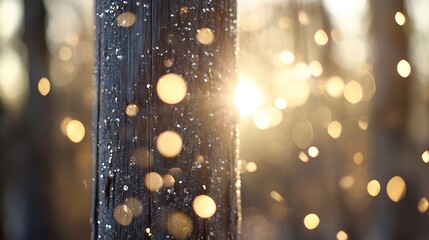 Poster - Sunlit winter scene featuring a close-up of a snow-covered wooden post, bokeh effect, and warm, golden light filtering through the trees. : Generative AI