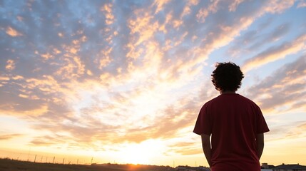 Poster - Silhouette of a young man, back view, gazing at a vibrant sunset sky filled with colorful clouds over a distant rural landscape. : Generative AI