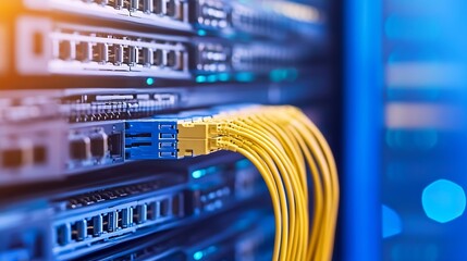 Poster - Close-up of fiber optic cables connected to a network server in a data center, showcasing technology and connectivity. : Generative AI