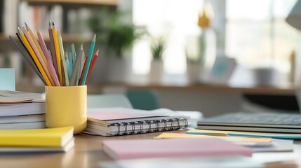 Poster - Close-up of colorful pencils in a yellow holder, books, and notebooks on a wooden desk in a home office setting, suggesting study or work. : Generative AI
