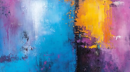 Fototapete - Abstract painting with vibrant blue, purple, and yellow hues, showcasing textured brushstrokes and a dynamic interplay of colors, creating a modern and expressive artwork. : Generative AI