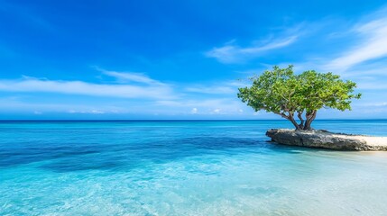 Poster - Serene tropical beach scene featuring a lush green tree on a rock formation jutting into clear turquoise water under a vibrant blue sky. : Generative AI