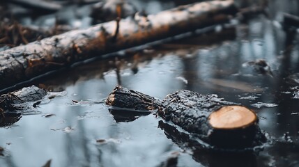 Poster - Dark, waterlogged wood logs float in a still, murky puddle, reflecting the muted light of the surrounding forest.  The scene evokes a sense of quietude and decay. : Generative AI