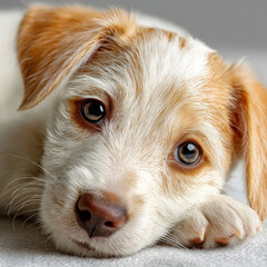 Poster - Adorable Jack Russell Terrier puppy resting its head, showcasing its charming brown and white fur, big expressive eyes, and tiny pink nose.