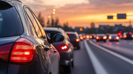 Poster - Close-up view of a dark gray car's taillight at sunset, with blurred traffic and a vibrant orange sky in the background, showing a highway scene at dusk. : Generative AI