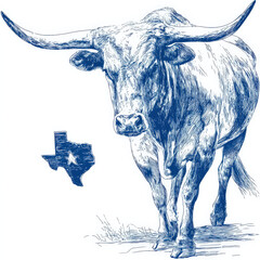 Poster - Texas longhorn bull, detailed hand-drawn illustration, blue ink sketch, facing forward, large horns, against white background, showing state outline.