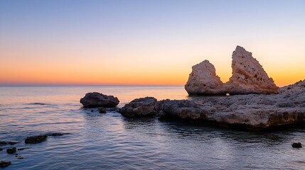Aufkleber - Serene sunset over coastal rocks, two prominent formations rise from the calm sea, bathed in warm orange and purple hues. Tranquil ocean scene at dusk. : Generative AI