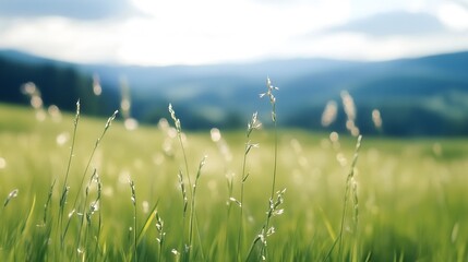 Poster - Close-up view of tall grass blades in a sunlit field, with a softly blurred mountain range in the background, creating a serene and peaceful atmosphere. : Generative AI