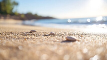 Aufkleber - Three small seashells rest on a sunlit beach, the ocean gently lapping in the background, creating a serene coastal scene. : Generative AI