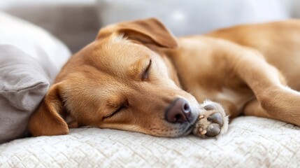 Poster - A light brown puppy dog peacefully sleeps on a soft, beige textured blanket, its paws tucked gently beneath its head.  The dog's eyes are closed, showcasing a serene and restful moment : Generative AI