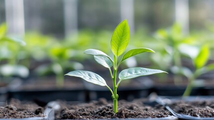 Poster - A single vibrant green seedling sprouts from rich soil, showcasing new growth and the promise of life in a greenhouse setting.  Other young plants blur gently in the background. : Generative AI