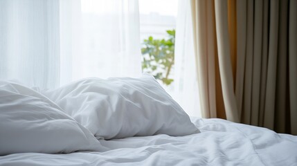 Aufkleber - Soft, white pillows and crumpled bedsheets rest on a bed near a bright window, sunlight streaming through sheer curtains and beige drapes. : Generative AI