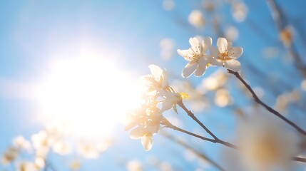 Poster - Sunlit white blossoms on a branch against a vibrant blue sky, creating a serene and peaceful springtime scene.  The delicate petals and gentle sunlight evoke feelings of warmth and ren : Generative AI