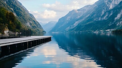 Aufkleber - Serene lake pier with stunning mountain reflections, a tranquil scene perfect for travel or nature-themed projects.  The calm water mirrors the majestic peaks. : Generative AI