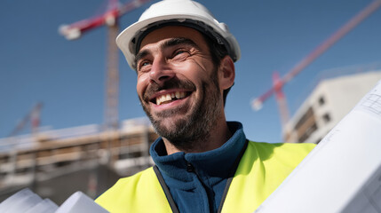 Poster - Happy construction worker smiles broadly, holding blueprints, on a sunny construction site with cranes in the background.  He wears a white hard hat and safety vest.