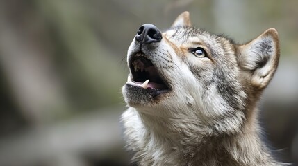 Fototapete - Majestic grey wolf howling at the sky, its mouth open, revealing sharp teeth and pink tongue.  The wolf's fur is a mix of grey, brown, and white, its eyes intense and focused. : Generative AI