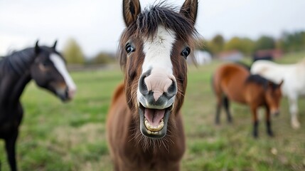 Aufkleber - Playful brown horse with white blaze, open mouth, showing teeth, in a green pasture with other horses blurred in the background.  A cheerful equine scene. : Generative AI