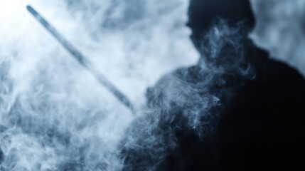 Aufkleber - Blurred silhouette of a person holding a long, thin object, partially obscured by thick, swirling blue-grey smoke, creating a mysterious and atmospheric scene. : Generative AI