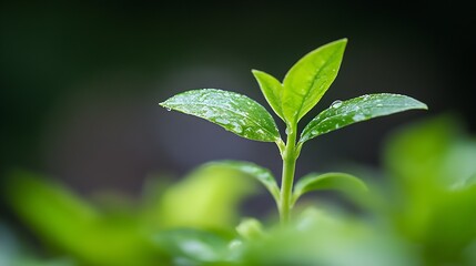 Aufkleber - Close-up of a vibrant green sprout with dew drops on its leaves, showcasing new growth and the beauty of nature's details. : Generative AI