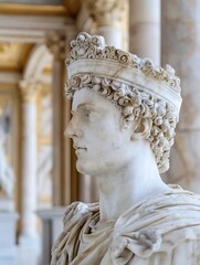 Poster - Close-up profile view of an ancient marble bust, a young man wearing a crown, detailed carving, classical style, set against a blurred background of ornate architecture. : Generative AI