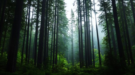 Aufkleber - Sunbeams pierce a dense, misty evergreen forest, illuminating the lush undergrowth and towering tree trunks in a serene, mystical atmosphere. : Generative AI