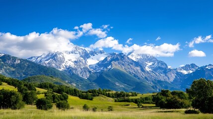 Poster - Majestic snow-capped mountains rise above a vibrant green valley, bathed in the sunlight of a clear blue sky. Lush vegetation and rolling hills create a picturesque landscape. : Generative AI