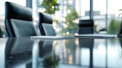 Fototapete - Reflective modern conference table in a sleek office setting, showcasing three empty executive chairs and a blurred city view through large windows. : Generative AI