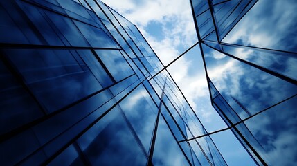 Aufkleber - Modern glass skyscraper reflecting blue sky and clouds, low angle view showcasing architectural design and geometric patterns of building facade. : Generative AI