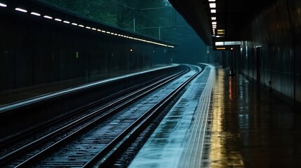 Poster - Rainy night at a deserted train station platform, dark and moody atmosphere, wet rails reflecting lights, empty platform, urban scene. : Generative AI