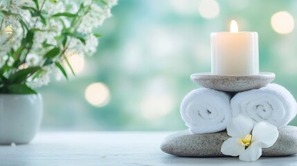 Aufkleber - Serene spa setting with white towels, a lit candle, and delicate white flowers, creating a peaceful and relaxing atmosphere. : Generative AI