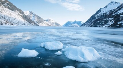 Aufkleber - Frozen fjord landscape with ice floes and snow-capped mountains under a clear blue sky.  A serene winter scene in a remote arctic location. : Generative AI