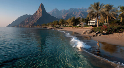 Poster - Serene coastal scene at sunrise, featuring a dramatic mountain range, palm trees lining a sandy beach, and a tranquil turquoise sea with gentle waves.