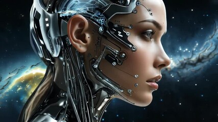 Poster - Android woman with silver metal and glowing data looks toward a nebula. Stars surround the face of the humanoid in digital creation.