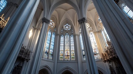 Poster - Sunlight streams through vibrant stained glass windows illuminating the ornate columns and gothic architecture of a majestic cathedral interior. : Generative AI
