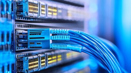 Poster - Close-up view of blue fiber optic cables connected to a network server, showcasing intricate details of data transfer technology. : Generative AI