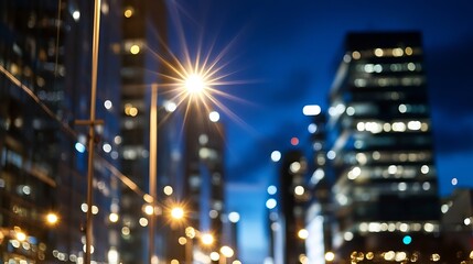 Poster - Night cityscape bokeh, blurred city lights and glowing street lamps, urban scene at dusk, modern architecture, vibrant colors, night photography. : Generative AI