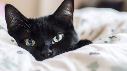 Poster - A curious black cat with bright green eyes peeks from under a white blanket, its soft fur and playful expression captured in a close-up shot. : Generative AI
