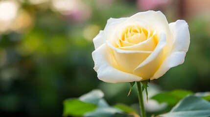 Poster - Close-up view of a single, pale yellow rose, its petals softly illuminated, standing tall on a green stem against a blurred garden background. : Generative AI