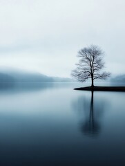 Poster - Solitary bare tree on a small island in a misty lake, serene and tranquil atmosphere, reflected in still water, minimalist landscape. : Generative AI