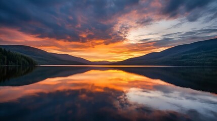 Poster - Serene sunset over a calm lake, reflecting fiery orange and purple hues in the still water, surrounded by majestic mountains and lush green forests. : Generative AI