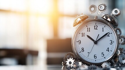 Aufkleber - A silver alarm clock rests on a surface surrounded by intricate metal gears, suggesting the concept of time management and precision in a modern business setting. : Generative AI