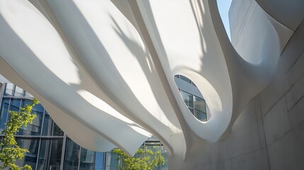 Fototapete - Abstract architectural detail: flowing white fabric canopy structure casts shadows on modern building facade, creating a dynamic interplay of light and form. : Generative AI
