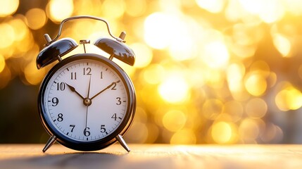Aufkleber - Classic black alarm clock on wooden surface, golden bokeh background; time concept image. : Generative AI