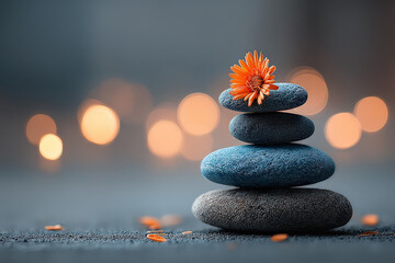 Aufkleber - Serene spa scene: a balanced stack of blue stones topped with an orange flower, bokeh lights in background.