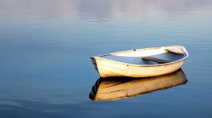 Poster - A weathered white dinghy rests gently on calm, blue water, its reflection mirroring the tranquil scene at sunset. The small wooden boat appears peaceful and serene. : Generative AI