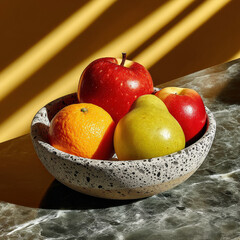 Aufkleber - A speckled grey bowl holds a vibrant orange, a ripe red apple, a green pear, and another red apple, bathed in sunlight on a dark marble surface.